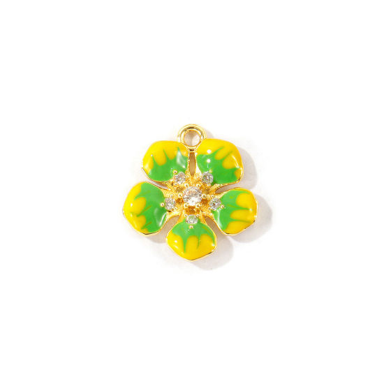 Immagine di 2 Pz Ottone Ciondoli All'Ingrosso Placcato Oro 18K Verde Smalto Fiore Trasparente Cubic Zirconiae 16mm x 15mm