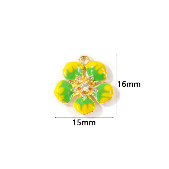 Immagine di 2 Pz Ottone Ciondoli All'Ingrosso Placcato Oro 18K Verde Smalto Fiore Trasparente Cubic Zirconiae 16mm x 15mm