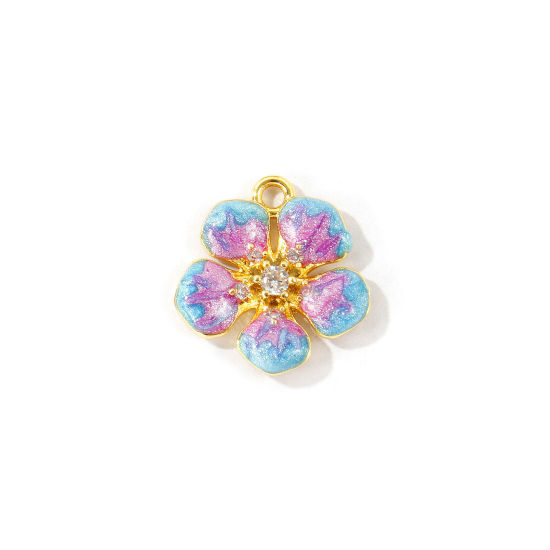 Immagine di 2 Pz Ottone Ciondoli All'Ingrosso Placcato Oro 18K Colore Viola Smalto Fiore Madreperla Trasparente Cubic Zirconiae 16mm x 15mm