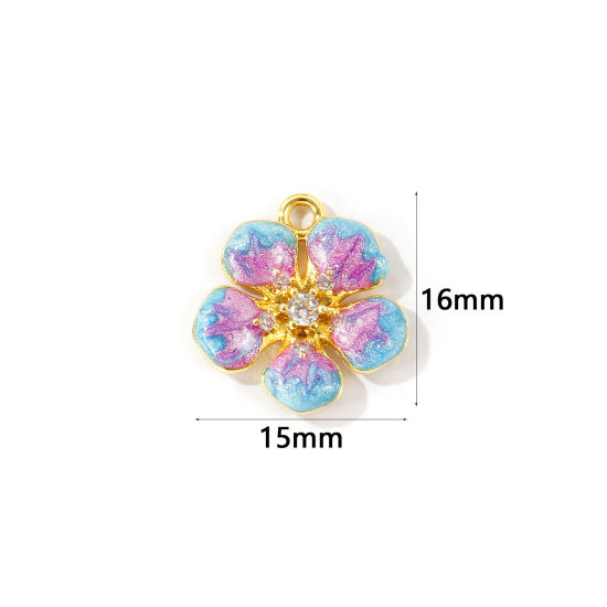Immagine di 2 Pz Ottone Ciondoli All'Ingrosso Placcato Oro 18K Colore Viola Smalto Fiore Madreperla Trasparente Cubic Zirconiae 16mm x 15mm