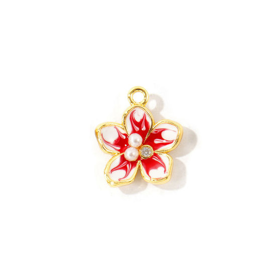 Immagine di 2 Pz Ottone Ciondoli All'Ingrosso Placcato Oro 18K Colore Fuscia Smalto Fiore Perla Imitato Acrilico Trasparente Cubic Zirconiae 14mm x 13mm