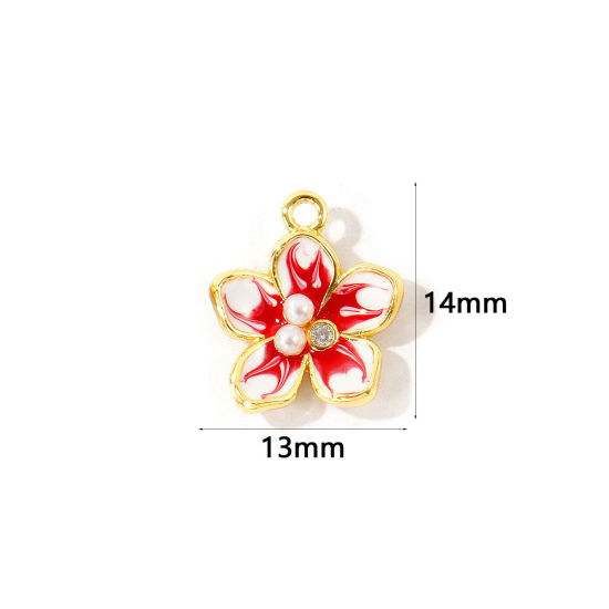 Immagine di 2 Pz Ottone Ciondoli All'Ingrosso Placcato Oro 18K Colore Fuscia Smalto Fiore Perla Imitato Acrilico Trasparente Cubic Zirconiae 14mm x 13mm