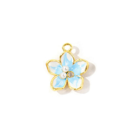 Immagine di 2 Pz Ottone Ciondoli All'Ingrosso Placcato Oro 18K Blu Smalto Fiore Perla Imitato Acrilico Trasparente Cubic Zirconiae 14mm x 13mm