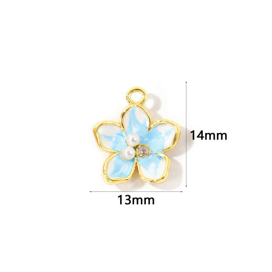 Immagine di 2 Pz Ottone Ciondoli All'Ingrosso Placcato Oro 18K Blu Smalto Fiore Perla Imitato Acrilico Trasparente Cubic Zirconiae 14mm x 13mm