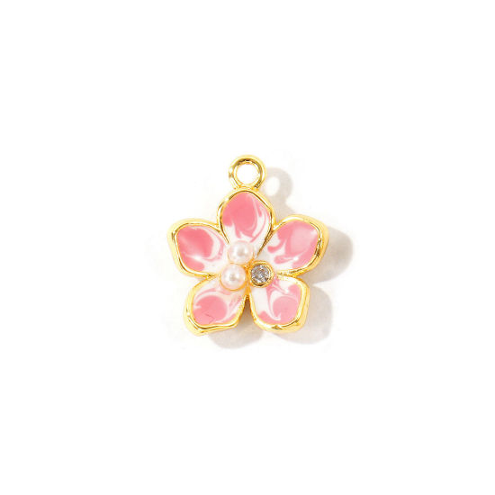 Immagine di 2 Pz Ottone Ciondoli All'Ingrosso Placcato Oro 18K Rosa Smalto Fiore Perla Imitato Acrilico Trasparente Cubic Zirconiae 14mm x 13mm