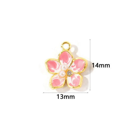 Immagine di 2 Pz Ottone Ciondoli All'Ingrosso Placcato Oro 18K Rosa Smalto Fiore Perla Imitato Acrilico Trasparente Cubic Zirconiae 14mm x 13mm