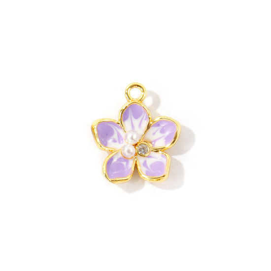 Immagine di 2 Pz Ottone Ciondoli All'Ingrosso Placcato Oro 18K Colore Viola Smalto Fiore Perla Imitato Acrilico Trasparente Cubic Zirconiae 14mm x 13mm