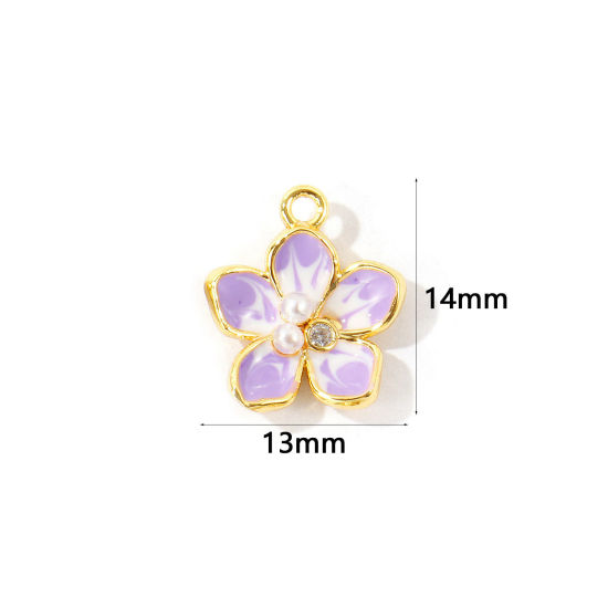 Immagine di 2 Pz Ottone Ciondoli All'Ingrosso Placcato Oro 18K Colore Viola Smalto Fiore Perla Imitato Acrilico Trasparente Cubic Zirconiae 14mm x 13mm