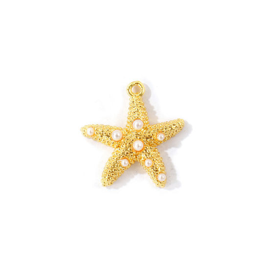 Imagen de 2 Unidades Latón Joyería del océano Colgantes Al Por Mayor Chapado en Oro de 18K Estrella de mar Acrílico Imitación de Perla 19.5mm x 19mm