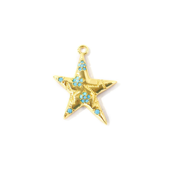 Picture of 2 PCs Brass Charms Wholesale 18K Gold Plated Pentagram Star Micro Pave Blue Cubic Zirconia 23mm x 19mm