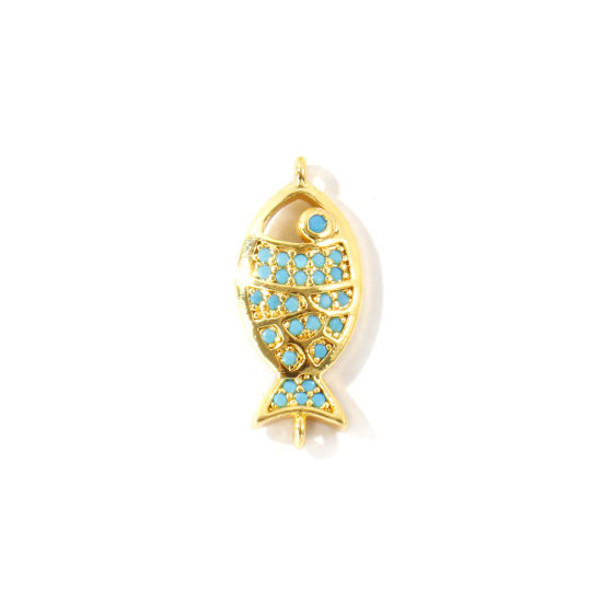 Picture of 2 PCs Brass Ocean Jewelry Connectors Charms Pendants Wholesale 18K Gold Plated Fish Animal Micro Pave Blue Cubic Zirconia 22mm x 9.5mm