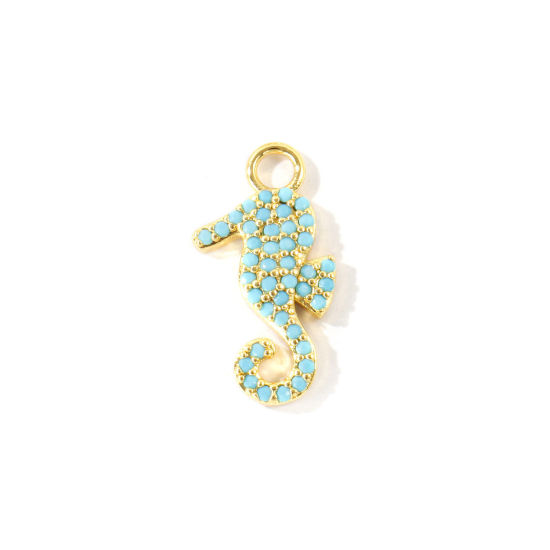 Picture of 2 PCs Brass Ocean Jewelry Charms Wholesale 18K Gold Plated Seahorse Animal Micro Pave Blue Cubic Zirconia 22mm x 12mm