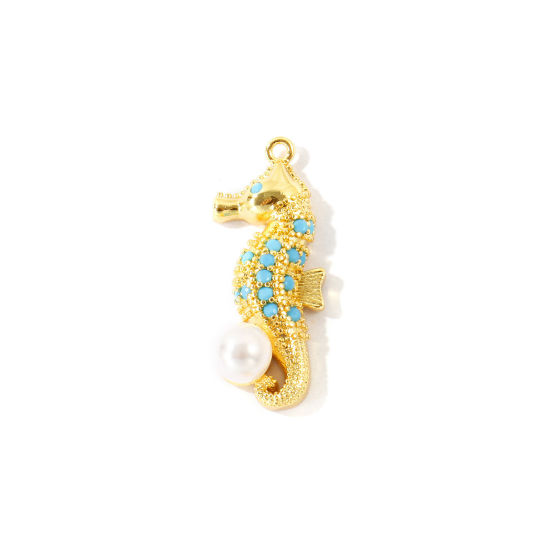 Picture of 2 PCs Brass Ocean Jewelry Charms Wholesale 18K Gold Plated Seahorse Animal Acrylic Imitation Pearl Blue Cubic Zirconia 27.5mm x 11mm