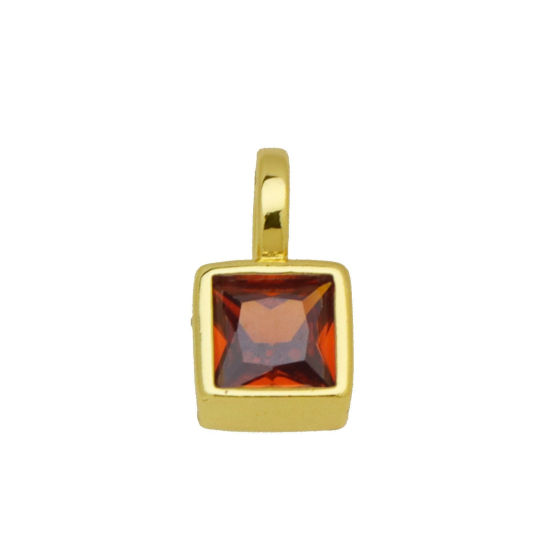 Immagine di 2 Pz Ottone Mini Ciondoli All'Ingrosso Placcato Oro 18K Quadrato Rosso Arancione Cubic Zirconiae 11mm x 6mm