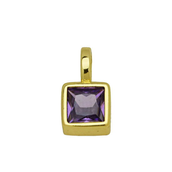 Immagine di 2 Pz Ottone Mini Ciondoli All'Ingrosso Placcato Oro 18K Quadrato Viola Cubic Zirconiae 11mm x 6mm