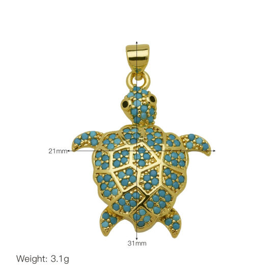 Picture of 1 Piece Brass Ocean Jewelry Pendants Wholesale 18K Gold Plated Sea Turtle Animal Blue Cubic Zirconia 3.1cm x 2.1cm