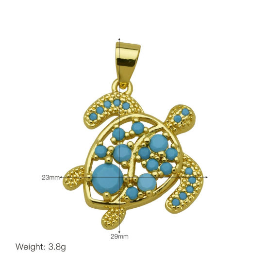 Picture of 1 Piece Brass Ocean Jewelry Charm Pendant Wholesale 18K Gold Plated Sea Turtle Animal Hollow Blue Cubic Zirconia 29mm x 23mm
