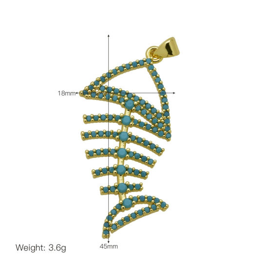Picture of 1 Piece Brass Ocean Jewelry Pendants Wholesale 18K Gold Plated Fish Bone Hollow Blue Cubic Zirconia 4.5cm x 1.8cm