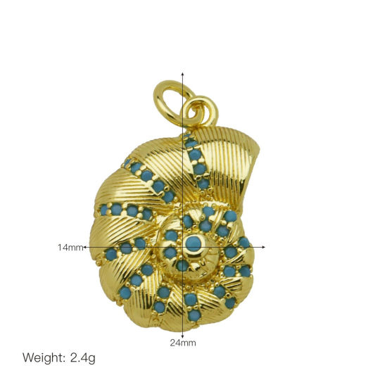 Picture of 1 Piece Brass Ocean Jewelry Charms Wholesale 18K Gold Plated Conch/ Sea Snail Blue Cubic Zirconia 24mm x 14mm
