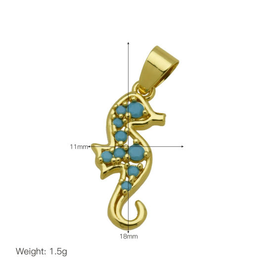 Picture of 1 Piece Brass Ocean Jewelry Charm Pendant Wholesale 18K Gold Plated Seahorse Animal Blue Cubic Zirconia 18mm x 11mm