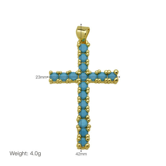 Picture of 1 Piece Brass Religious Pendants Wholesale 18K Gold Plated Cross Blue Cubic Zirconia 4.2cm x 2.3cm