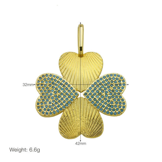 Picture of 1 Piece Brass Pendants Wholesale 18K Gold Plated Four Leaf Clover Blue Cubic Zirconia 4.2cm x 3.2cm
