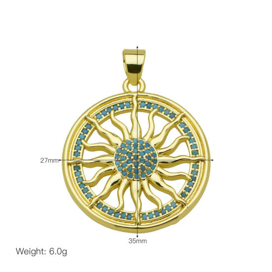 Picture of 1 Piece Brass Galaxy Pendants Wholesale 18K Gold Plated Round Sun Hollow Blue Cubic Zirconia 3.5cm x 2.7cm
