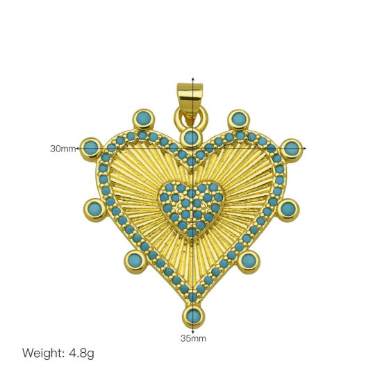 Picture of 1 Piece Brass Valentine's Day Pendants Wholesale 18K Gold Plated Heart Blue Cubic Zirconia 3.5cm x 3cm