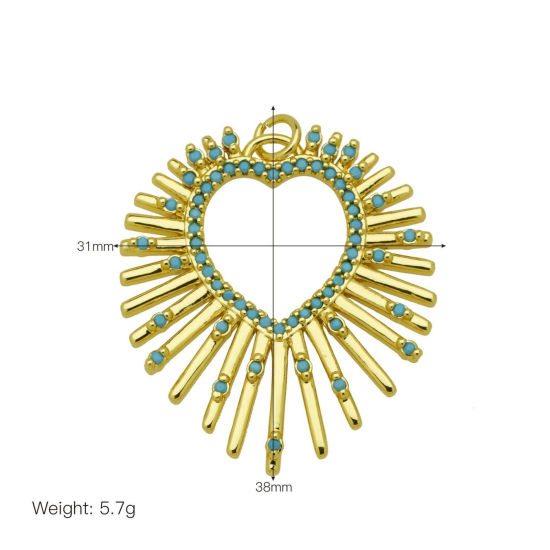 Picture of 1 Piece Brass Valentine's Day Pendants Wholesale 18K Gold Plated Heart Hollow Blue Cubic Zirconia 3.8cm x 3.1cm