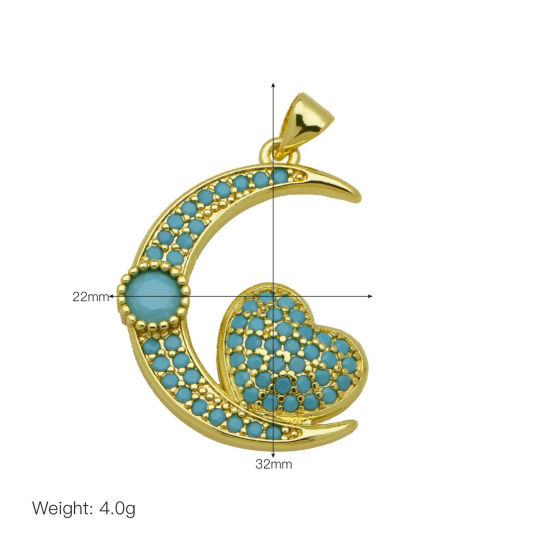 Picture of 1 Piece Brass Galaxy Pendants Wholesale 18K Gold Plated Half Moon Heart Blue Cubic Zirconia 3.2cm x 2.2cm