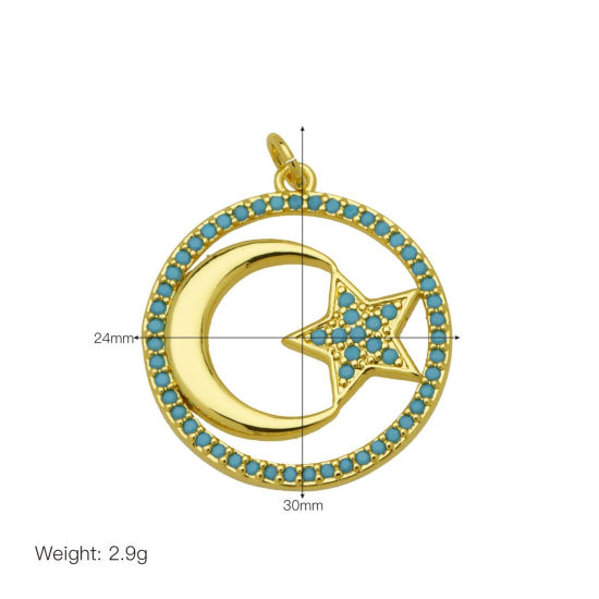 Picture of 1 Piece Brass Galaxy Pendants Wholesale 18K Gold Plated Half Moon Star Hollow Blue Cubic Zirconia 3cm x 2.4cm