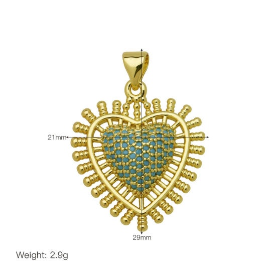 Picture of 1 Piece Brass Valentine's Day Charm Pendant Wholesale 18K Gold Plated Heart Hollow Blue Cubic Zirconia 29mm x 21mm
