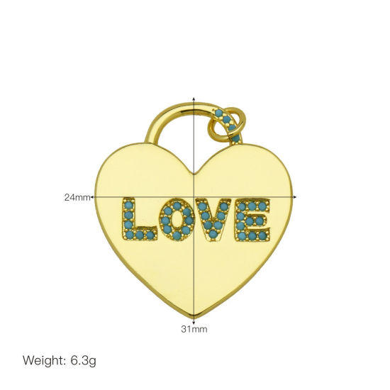 Picture of 1 Piece Brass Valentine's Day Pendants Wholesale 18K Gold Plated Heart Message " LOVE " Blue Cubic Zirconia 3.1cm x 2.4cm