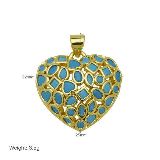 Picture of 1 Piece Brass Valentine's Day Charm Pendant Wholesale 18K Gold Plated Heart Hollow Blue Cubic Zirconia 25mm x 22mm