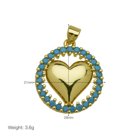 Picture of 1 Piece Brass Valentine's Day Charm Pendant Wholesale 18K Gold Plated Round Heart Hollow Blue Cubic Zirconia 28mm x 21mm