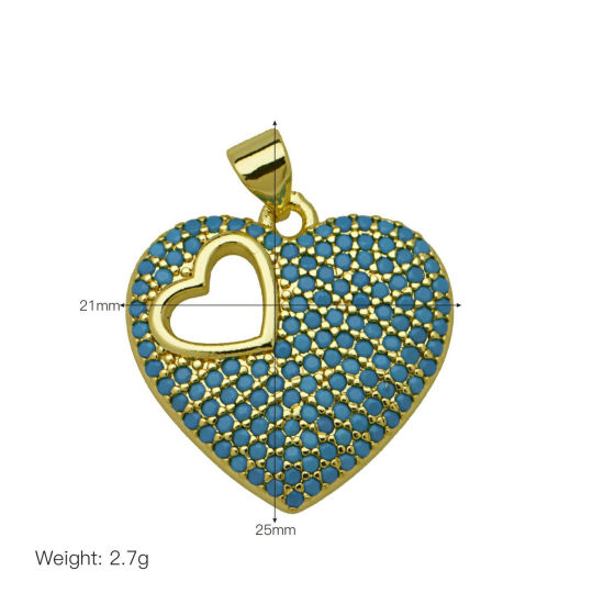 Picture of 1 Piece Brass Valentine's Day Charm Pendant Wholesale 18K Gold Plated Heart Hollow Blue Cubic Zirconia 25mm x 21mm