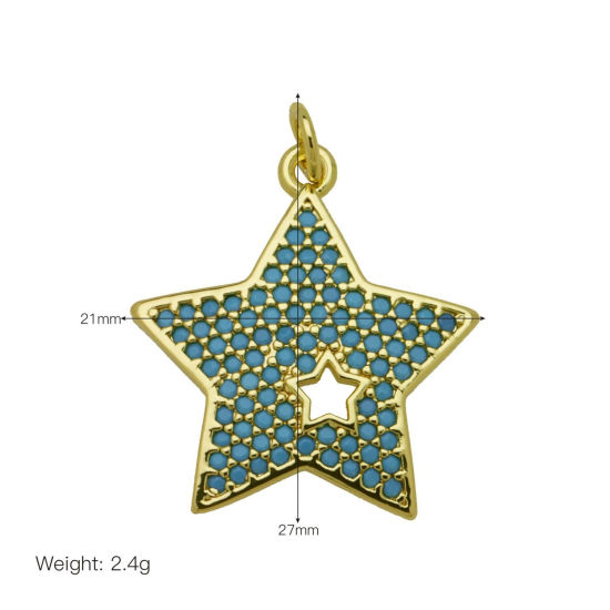 Picture of 1 Piece Brass Galaxy Charms Wholesale 18K Gold Plated Star Hollow Blue Cubic Zirconia 27mm x 21mm