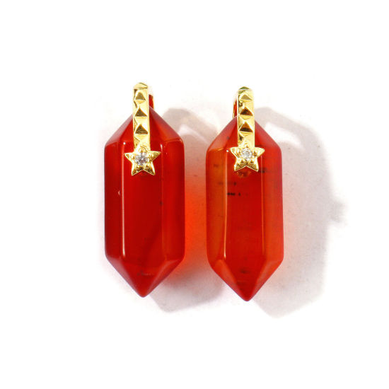 Bild von 1 Stück Umweltfreundlich Edelstein & Messing Geometrisch Charms Großhandel 18K Echtgold plattiert Rotbraun Sechseckiges Prisma Klar Zirkonia 23mm x 9mm