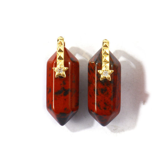 Bild von 1 Stück Umweltfreundlich Edelstein & Messing Geometrisch Charms Großhandel 18K Echtgold plattiert Braun Sechseckiges Prisma Klar Zirkonia 23mm x 9mm
