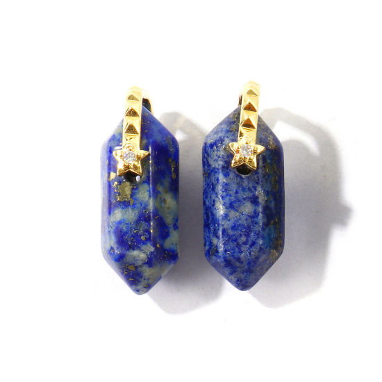 Bild von 1 Stück Umweltfreundlich Edelstein & Messing Geometrisch Charms Großhandel 18K Echtgold plattiert Dunkelblau Sechseckiges Prisma Klar Zirkonia 23mm x 9mm