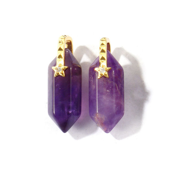 Bild von 1 Stück Umweltfreundlich Edelstein & Messing Geometrisch Charms Großhandel 18K Echtgold plattiert Lila Sechseckiges Prisma Klar Zirkonia 23mm x 9mm