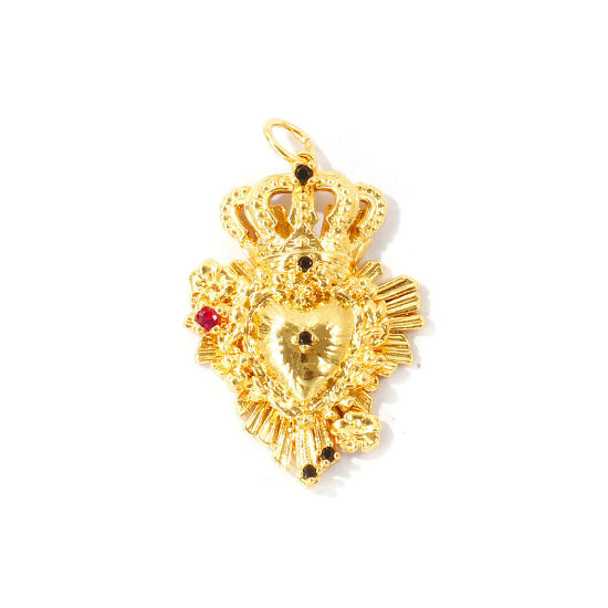 Bild von 1 Stück Umweltfreundlich Messing Religiös Anhänger Großhandel 18K Echtgold plattiert Ex Voto Herz Micro Pave Fuchsie Zirkonia 3.1cm x 1.9cm