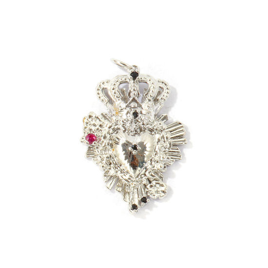 Bild von 1 Stück Umweltfreundlich Messing Religiös Anhänger Großhandel Echt Platin plattiert Ex Voto Herz Micro Pave Fuchsie Zirkonia 3.1cm x 1.9cm