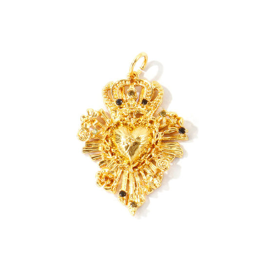 Bild von 1 Stück Umweltfreundlich Messing Religiös Anhänger Großhandel 18K Echtgold plattiert Ex Voto Herz Micro Pave Schwarz Zirkonia 3cm x 2cm