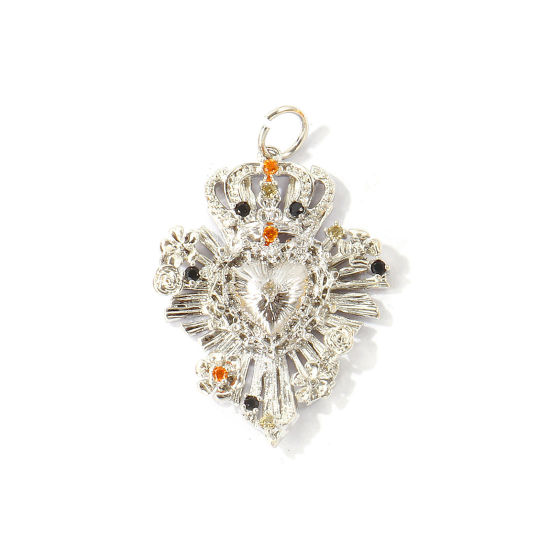 Bild von 1 Stück Umweltfreundlich Messing Religiös Anhänger Großhandel Echt Platin plattiert Ex Voto Herz Micro Pave Schwarz Zirkonia 3cm x 2cm
