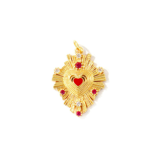 Bild von 1 Stück Umweltfreundlich Messing Religiös Charms Großhandel 18K Echtgold plattiert Ex Voto Herz Micro Pave Rot Zirkonia 29mm x 19mm