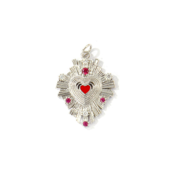 Bild von 1 Stück Umweltfreundlich Messing Religiös Charms Großhandel Echt Platin plattiert Ex Voto Herz Micro Pave Rot Zirkonia 29mm x 19mm