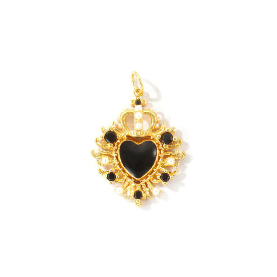 Bild von 1 Stück Umweltfreundlich Messing Religiös Charms Großhandel 18K Echtgold plattiert Schwarz Emaille Ex Voto Herz Acryl Imitat Perle Schwarz Zirkonia 28mm x 19mm