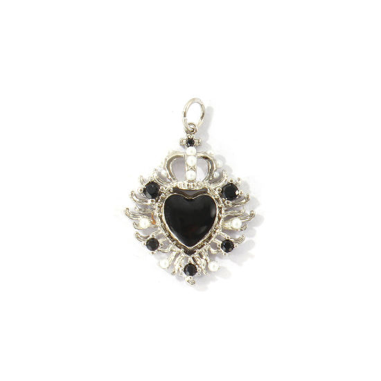 Bild von 1 Stück Umweltfreundlich Messing Religiös Charms Großhandel Echt Platin plattiert Schwarz Emaille Ex Voto Herz Acryl Imitat Perle Schwarz Zirkonia 28mm x 19mm