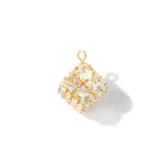 Image de 1 Pièce Breloques En Gros en Laiton Respectueux de la Nature Géométrique Plaqué Or Véritable 18K Cube à Zircone Cubique Clair 19mm x 16mm